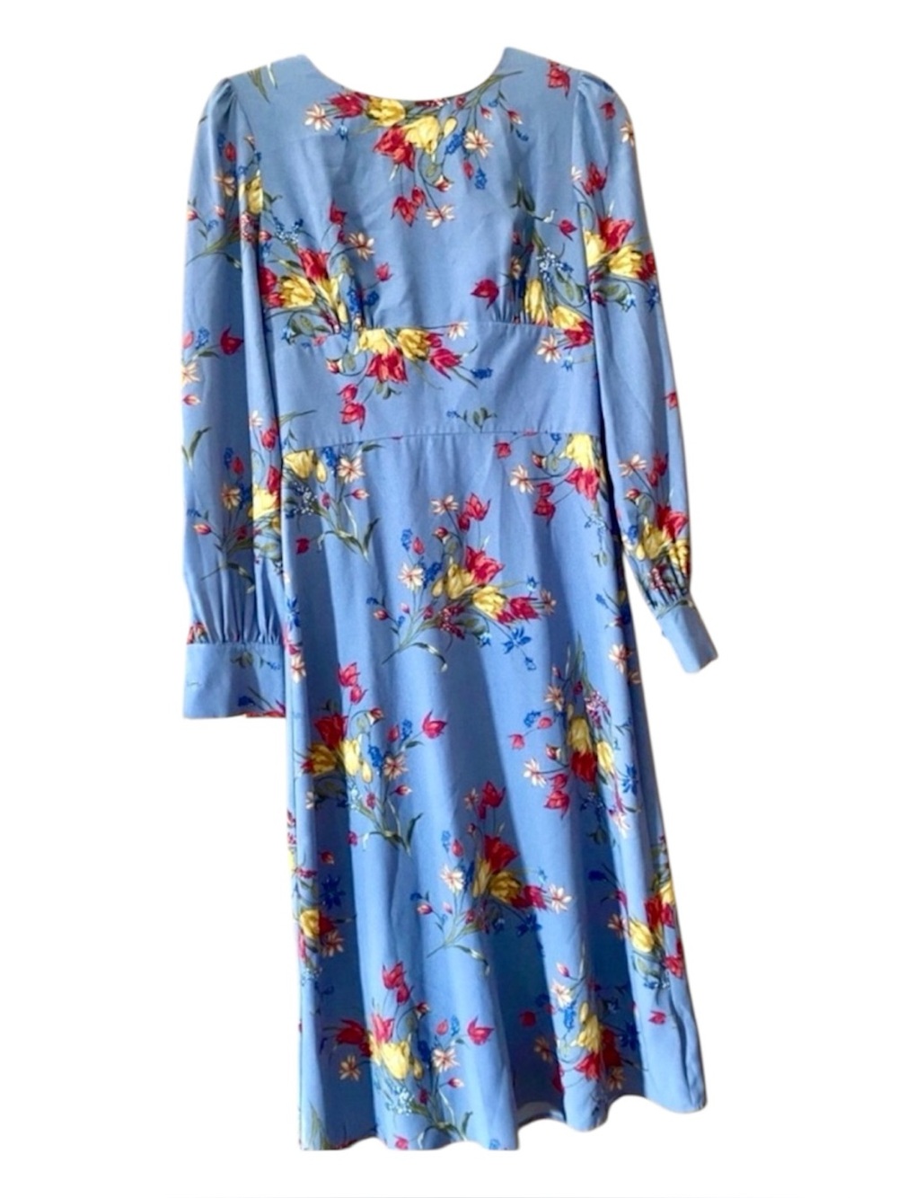 Dee Elly Floral Midi Dress XS Blue Long Sleeve Fit Flare Cottagecore